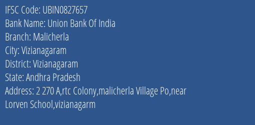 Union Bank Of India Malicherla Branch Vizianagaram IFSC Code UBIN0827657