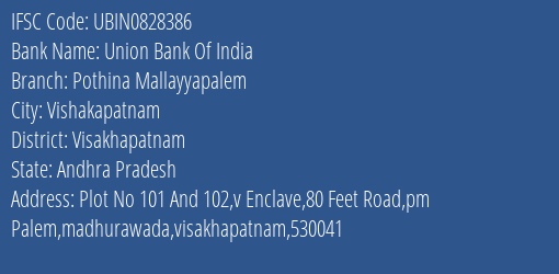 Union Bank Of India Pothina Mallayyapalem Branch Visakhapatnam IFSC Code UBIN0828386