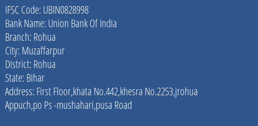 Union Bank Of India Rohua Branch Rohua IFSC Code UBIN0828998