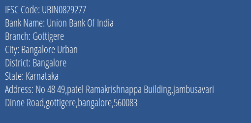 Union Bank Of India Gottigere Branch Bangalore IFSC Code UBIN0829277