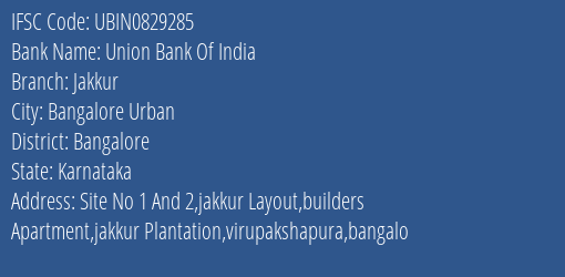 Union Bank Of India Jakkur Branch IFSC Code