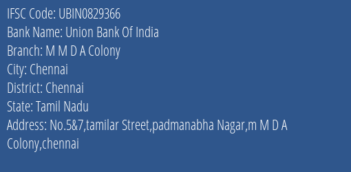 Union Bank Of India M M D A Colony Branch Chennai IFSC Code UBIN0829366