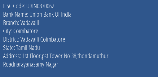 Union Bank Of India Vadavalli Branch, Branch Code 830062 & IFSC Code UBIN0830062