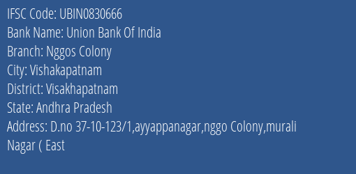 Union Bank Of India Nggos Colony Branch Visakhapatnam IFSC Code UBIN0830666