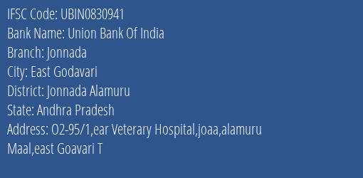 Union Bank Of India Jonnada Branch IFSC Code