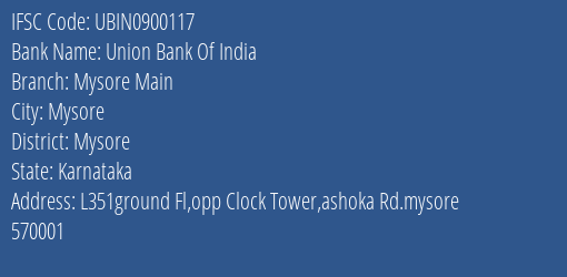 Union Bank Of India Mysore Main Branch, Branch Code 900117 & IFSC Code UBIN0900117