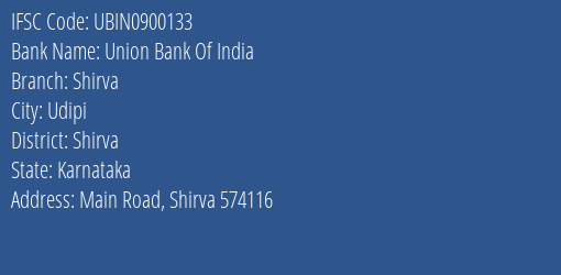 Union Bank Of India Shirva Branch, Branch Code 900133 & IFSC Code UBIN0900133