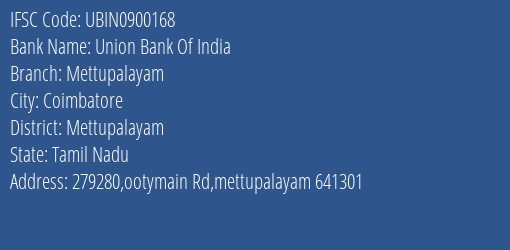 Union Bank Of India Mettupalayam Branch, Branch Code 900168 & IFSC Code UBIN0900168