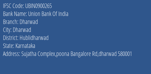 Union Bank Of India Dharwad Branch, Branch Code 900265 & IFSC Code UBIN0900265