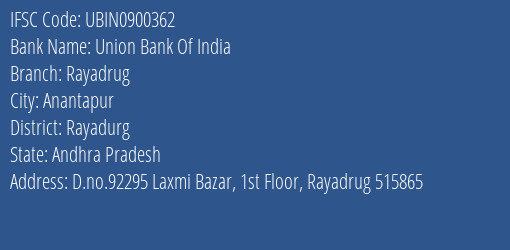 Union Bank Of India Rayadrug Branch Rayadurg IFSC Code UBIN0900362