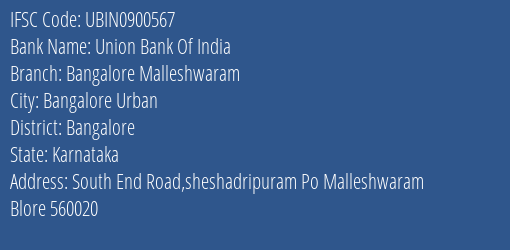 Union Bank Of India Bangalore Malleshwaram Branch IFSC Code
