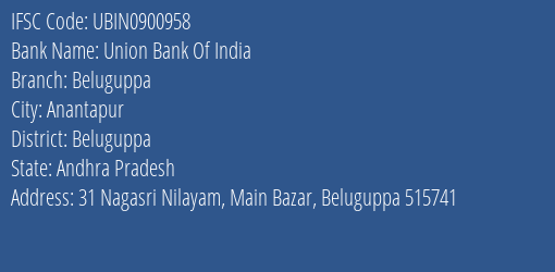 Union Bank Of India Beluguppa Branch, Branch Code 900958 & IFSC Code Ubin0900958