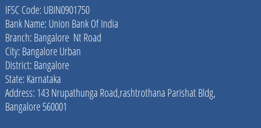 Union Bank Of India Bangalore Nt Road Branch IFSC Code