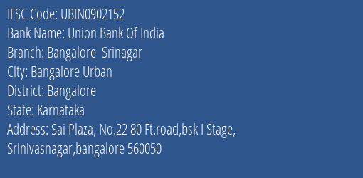 Union Bank Of India Bangalore Srinagar Branch IFSC Code