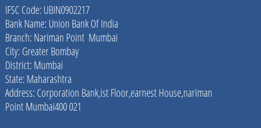 Union Bank Of India Nariman Point Mumbai Branch IFSC Code