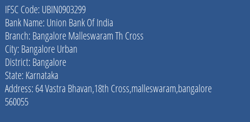 Union Bank Of India Bangalore Malleswaram Th Cross Branch IFSC Code