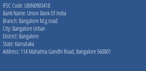 Union Bank Of India Bangalore M.g.road Branch IFSC Code