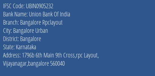 Union Bank Of India Bangalore Rpclayout Branch IFSC Code