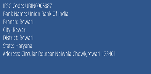 Union Bank Of India Rewari Branch, Branch Code 905887 & IFSC Code UBIN0905887