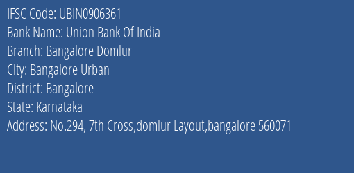 Union Bank Of India Bangalore Domlur Branch IFSC Code