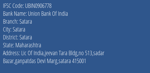Union Bank Of India Satara Branch Satara IFSC Code UBIN0906778