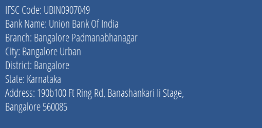 Union Bank Of India Bangalore Padmanabhanagar Branch IFSC Code