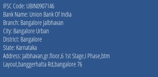 Union Bank Of India Bangalore Jalbhavan Branch Bangalore IFSC Code UBIN0907146