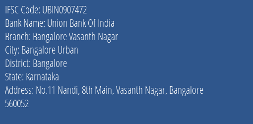 Union Bank Of India Bangalore Vasanth Nagar Branch IFSC Code