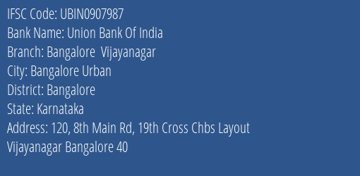 Union Bank Of India Bangalore Vijayanagar Branch IFSC Code