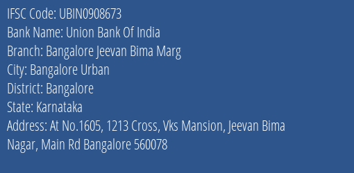 Union Bank Of India Bangalore Jeevan Bima Marg Branch Bangalore IFSC Code UBIN0908673