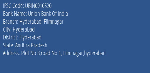 Union Bank Of India Hyderabad Filmnagar Branch, Branch Code 910520 & IFSC Code Ubin0910520