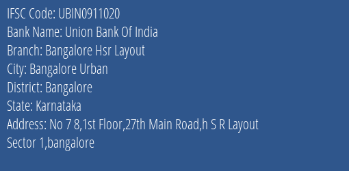 Union Bank Of India Bangalore Hsr Layout Branch IFSC Code