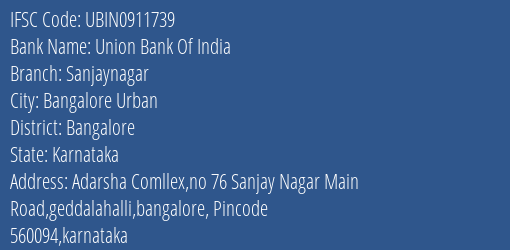 Union Bank Of India Sanjaynagar Branch IFSC Code