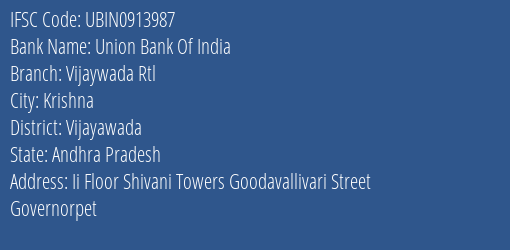 IFSC Code ubin0913987 of Union Bank Of India Vijaywada Rtl Branch
