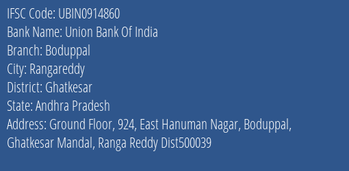Union Bank Of India Boduppal Branch Ghatkesar IFSC Code UBIN0914860