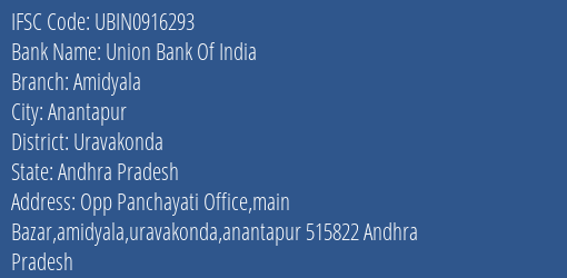 Union Bank Of India Amidyala Branch Uravakonda IFSC Code UBIN0916293