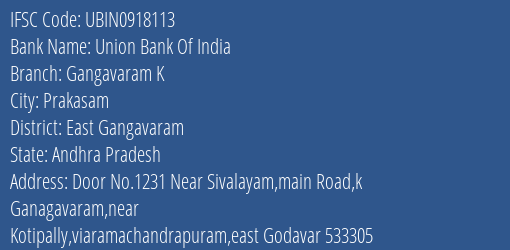 Union Bank Of India Gangavaram K Branch East Gangavaram IFSC Code UBIN0918113