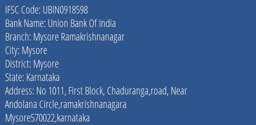 Union Bank Of India Mysore Ramakrishnanagar Branch, Branch Code 918598 & IFSC Code UBIN0918598
