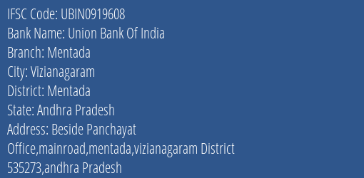 Union Bank Of India Mentada Branch Mentada IFSC Code UBIN0919608