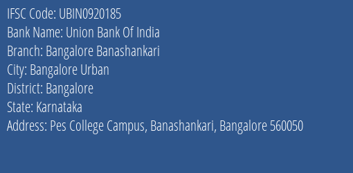 Union Bank Of India Bangalore Banashankari Branch IFSC Code
