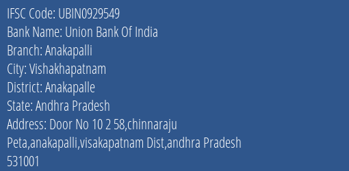 Union Bank Of India Anakapalli Branch Anakapalle IFSC Code UBIN0929549