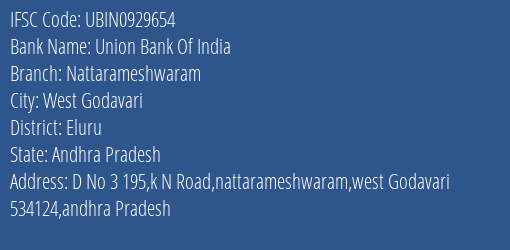 Union Bank Of India Nattarameshwaram Branch Eluru IFSC Code UBIN0929654