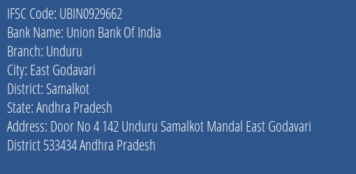 Union Bank Of India Unduru Branch Samalkot IFSC Code UBIN0929662