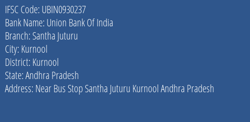 Union Bank Of India Santha Juturu Branch, Branch Code 930237 & IFSC Code UBIN0930237