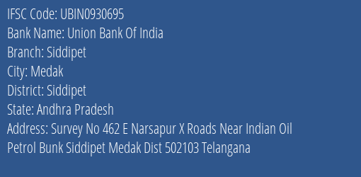 Union Bank Of India Siddipet Branch, Branch Code 930695 & IFSC Code Ubin0930695