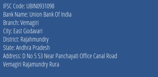 Union Bank Of India Vemagiri Branch, Branch Code 931098 & IFSC Code UBIN0931098