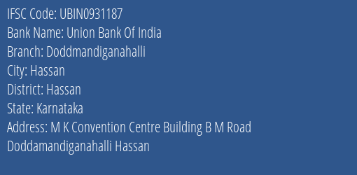 Union Bank Of India Doddmandiganahalli Branch Hassan IFSC Code UBIN0931187