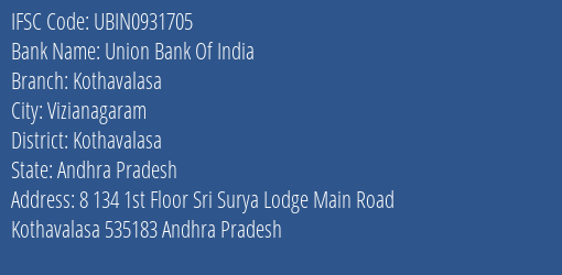 Union Bank Of India Kothavalasa Branch Kothavalasa IFSC Code UBIN0931705