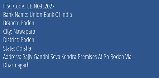 Union Bank Of India Boden Branch Boden IFSC Code UBIN0932027