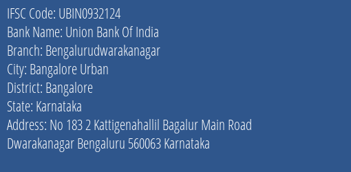 Union Bank Of India Bengalurudwarakanagar Branch, Branch Code 932124 & IFSC Code UBIN0932124